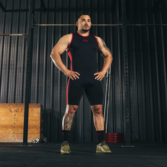Singlet para entrenamiento de halterofilia SBD negro con rojo